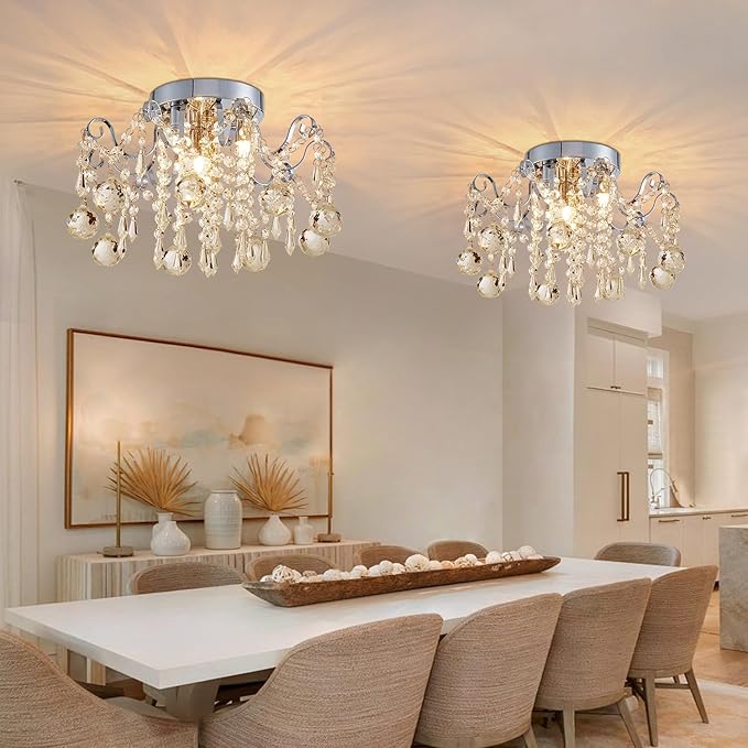 Rain Drop Crystal Small Crystal Chandelier Ceiling Light 3-Light Fixture Modern Chrome Iron Material Suitable for Bedrooms, Hallways, Walk-in Closets, Entryways, Stairwells (Chrome)