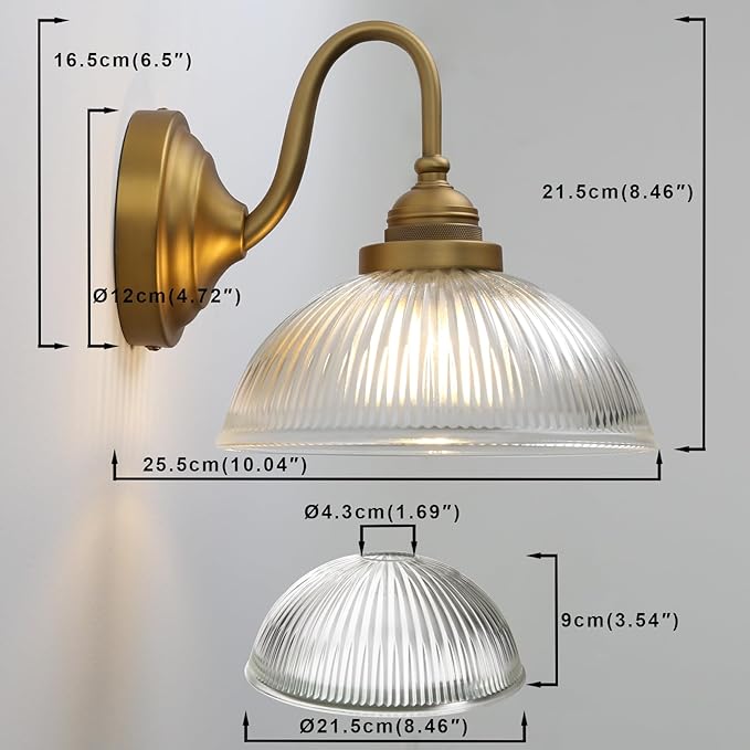 Yosoan Boho Brass Gold Vintage Wall Sconce with Striped Bowl Shade, 1-Light Indoor Hardwired Modern Vanity Industrial Single Wall Mounted Clear Texture Glass for Living Room Kitchen Bedroom(Antique)