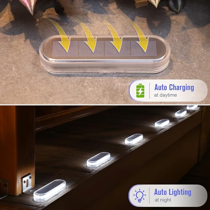 Honalia Solar Powered Driveway Lights, 6 Pack IP68 Waterproof Solar Dock Deck Lights Outdoor, White Stick on Markers Lights for Step, Stair, Sidewalk, Garden, Pathway, Patio, Walkway, Pool