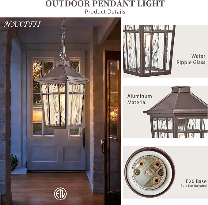 Dusk to Dawn Outdoor Hanging Lantern Lights 15.2 Inch Large Porch Pendant Lights for House Doorway Aluminum Waterproof Outdoor Pendant Light with Water Ripple Glass E26 Socket