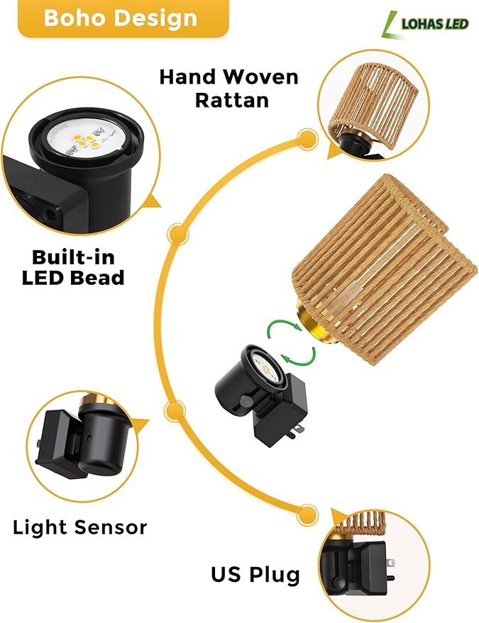 L LOHAS LED Night Lights Plug into Wall, Boho Night Light, Decorative Bohemian Night Lights, Dimmable 0-100LM, Daylight White, Light Sensor, Vintage NightLight Farmhouse for Bedroom Bathroom, 1 Pack