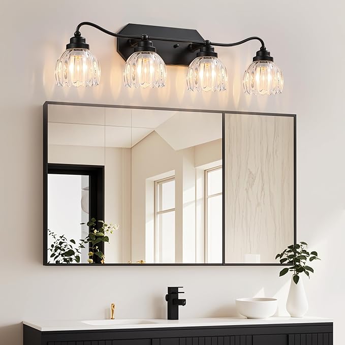 Vintage Bathroom Light Fixtures, 4 Light Bathroom Vanity Light, Black Matte Antique Brass Finish with Crystal Glass Shade, Mid Century Wall Sconces for Bedroom, Living Room, Hallway