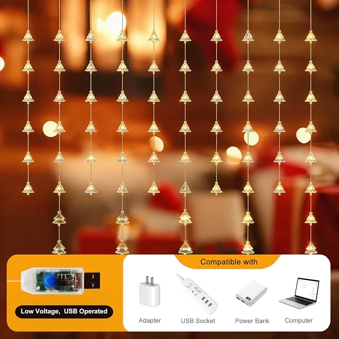 Christmas Tree Curtain Lights, Warm White Window Lights 70 LEDs Hanging Light with Remote Fairy Led Twinkle String Lights Home Bedroom Wall Ceiling Décor for Christmas, Wedding, Party