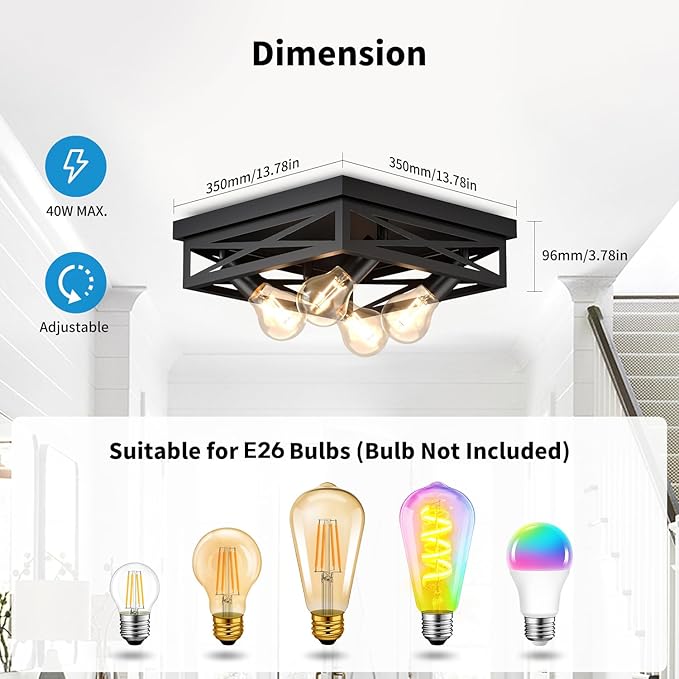 LVWIT 13.8 Inch Flush Mount Ceiling Light Fixtures, 4-Light Black Light Fixtures Ceiling Mount, Square Hallway Light for Kitchen Entryway Hall (E26 Base, Bulbs Not Included)