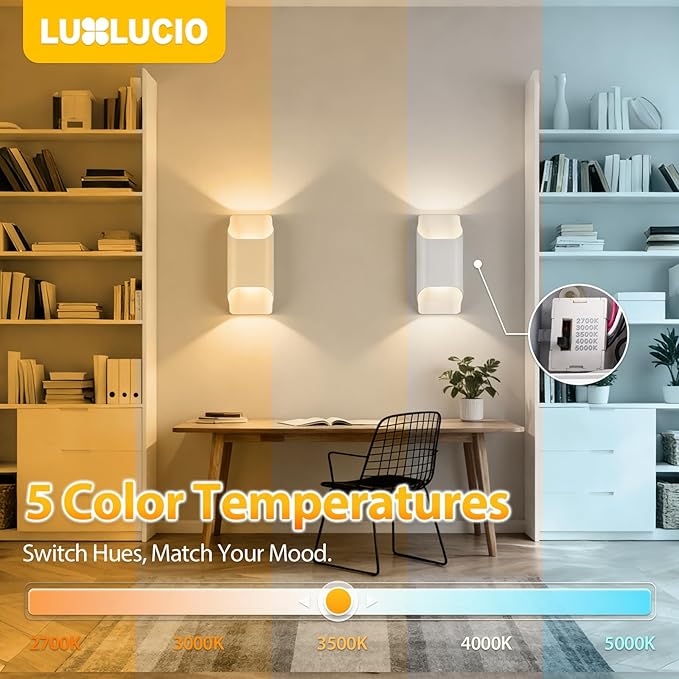 White 2Pack Wall Lights for Up and Wall Light, 5%-100% Dimmable, Modern Porch Light, IP65 Waterproof, 120V, 12W, 2700K-5000K 5Color Selectable CRI90+, ETL FCC