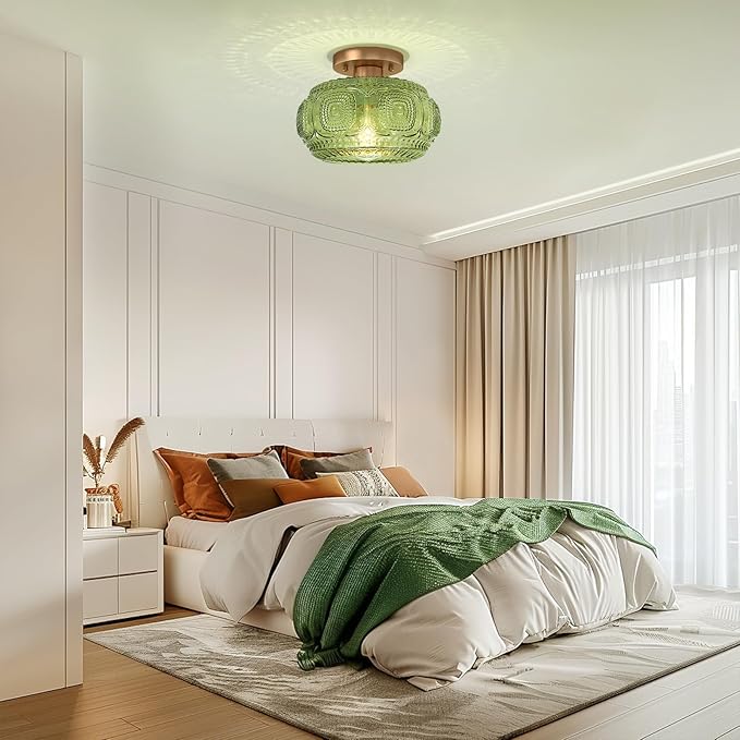 Semi Flush Mount Ceiling Light, Green Globe Glass Ceiling Light Fixture, Art Deco Kitchen Lighting fixtures Ceiling for Hallway Porch Corridor Bedroom, Bulb Not Included