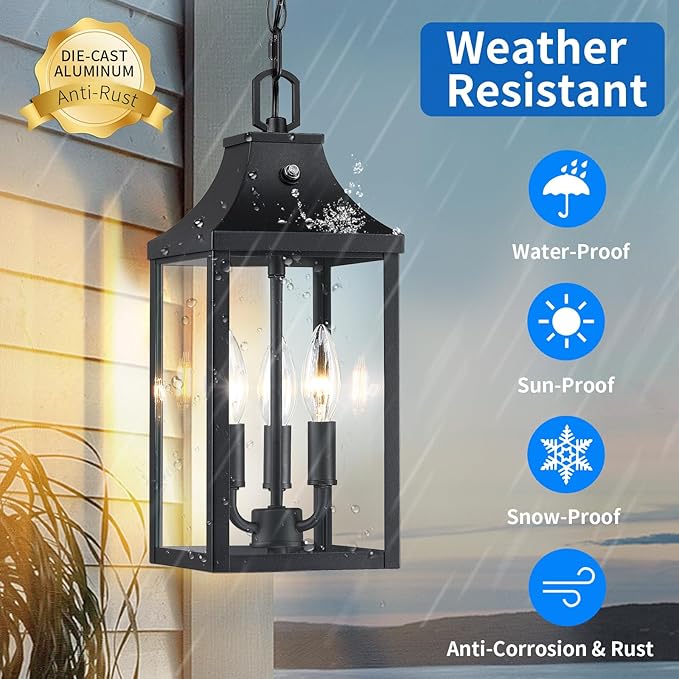 Large Outdoor Pendant Light Fixtures 3-Light, 15'' Dusk to Dawn Exterior Hanging Lantern Porch Light Adjustable, Black Hanging Lamp Farmhouse Exterior Chandelier Ceiling Mount for Entrance Patio