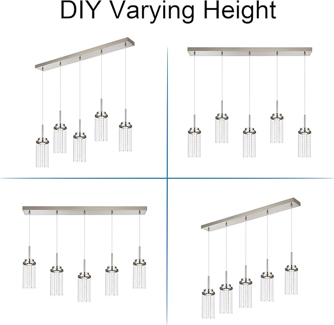 MELUCEE 5-Lights Led Chandelier, Kitchen Island Lighting Brushed Nickel Linear Chandelier with Clear Glass Shade, Large Pendant Lighting for Dining Room Over Table, 3000K-6000K Adjustable, 25W