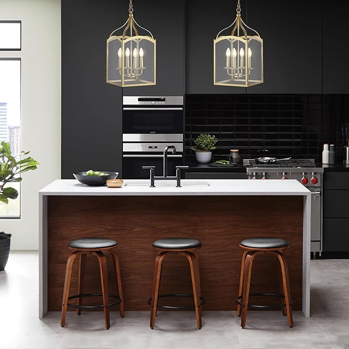 JONATHAN Y 11" Antique Gold 4-Light Traditional Lantern Pendant Light, Metal and Clear Glass Shade, Classic Chandelier for Foyer, Kitchen Island, LED Bulbs Included (JYL7403C)