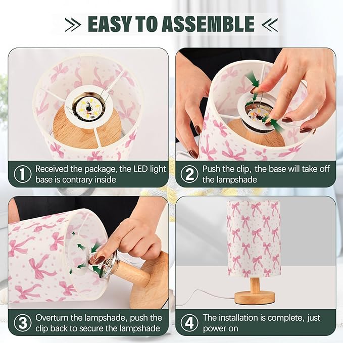 Aslsiy Coquette Ribbon on White Bedside Table Lamp Lovely Bow Nightstand Lamp Night Light Fabric Shade for Bedroom Living Room Home Office