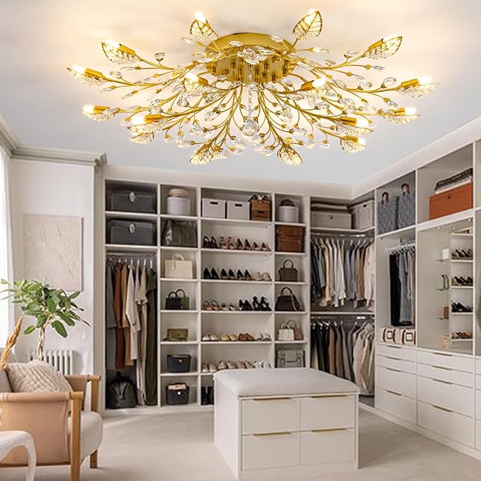 Modern Crystal Ceiling Light Fixture,Gold Semi Flush Mount Chandeliers,Crystal Leaf Ceiling Lighting,Pendent Lamp for Dining Room,Living Room,Bedroom