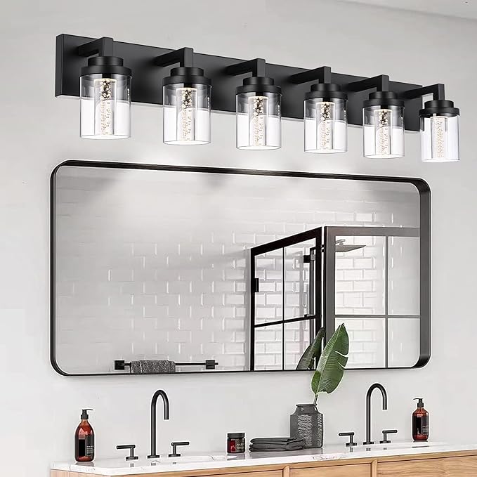 MELUCEE 6-Light Dimmable LED Bathroom Light Fixtures in Black Finish, Modern Bubble Crystal Vanity Lights for Bathroom 5CCT LED Wall Light Fixture with Clear Glass Shade, Built-in Led Chips