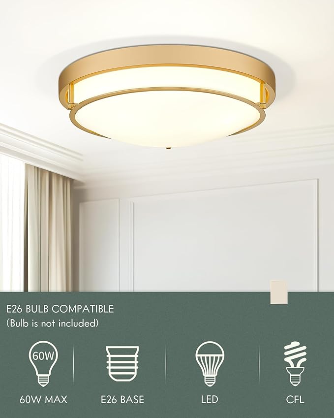 16" Flush Mount Ceiling Light, Farmhouse Style, Frosted Glass Shade,Brass Gold, for Living Room, Bedroom, Dining – CKCL4822-3W-BB