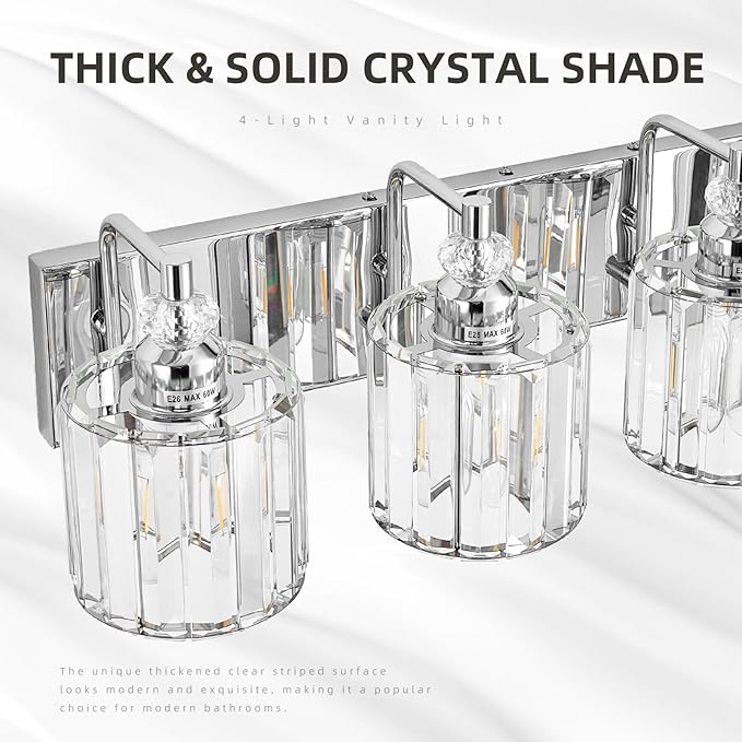 4-Light Modern Bathroom Light Fixture Chrome Bathroom Vanity Lights Over Mirror Wall Sconce Lighting with K9 Crystal Shades E26 Base for Bedroom, Living Room, Hallway, Cabinet Wall Lamp