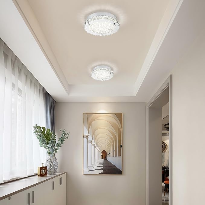 Flush Mount Crystal Ceiling Light Modern Ceiling Light Hallway Light Fixtures LED 4000K Round Ceiling Light 8 Inch for Small Space, Bedroom, Foyer, Entryway, Kitchen