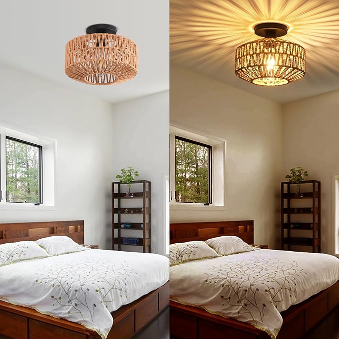 Ceiling Light Fixture,Hand-Woven Rattan Flush Mount Ceiling Light,Farmhouse Light Fixtures Ceiling Mount Boho for Hallway Bedroom Kitchen Entryway Living Room