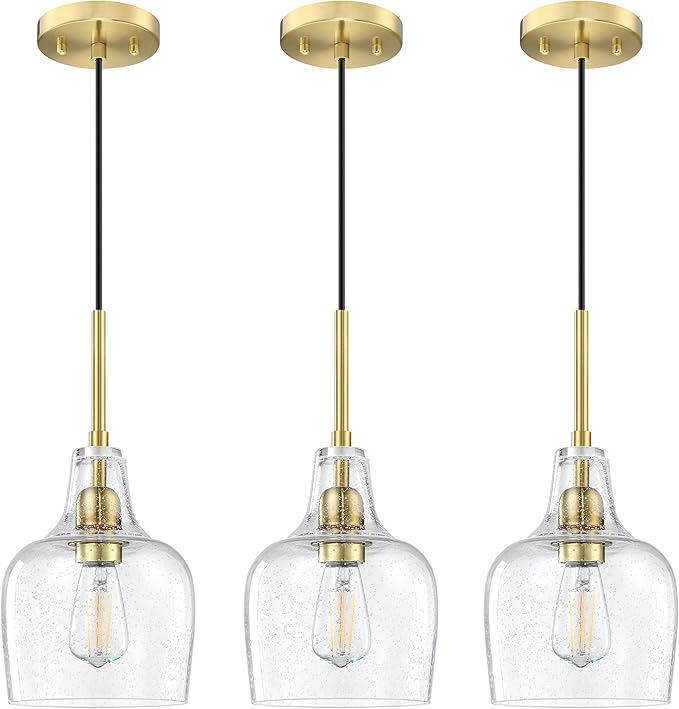 3 Pack 1 Light Indoor Hanging Kitchen Island Pendant Ceiling Light 6.1" Clear Seeded Glass Fixture,Brushed Bronze Finish for Farmhouse Over Sink Bedroom Hallway