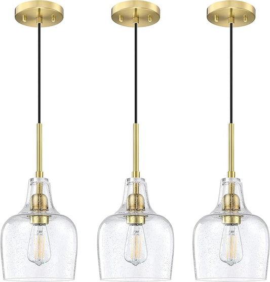 3 Pack 1 Light Indoor Hanging Kitchen Island Pendant Ceiling Light 6.1" Clear Seeded Glass Fixture,Brushed Bronze Finish for Farmhouse Over Sink Bedroom Hallway