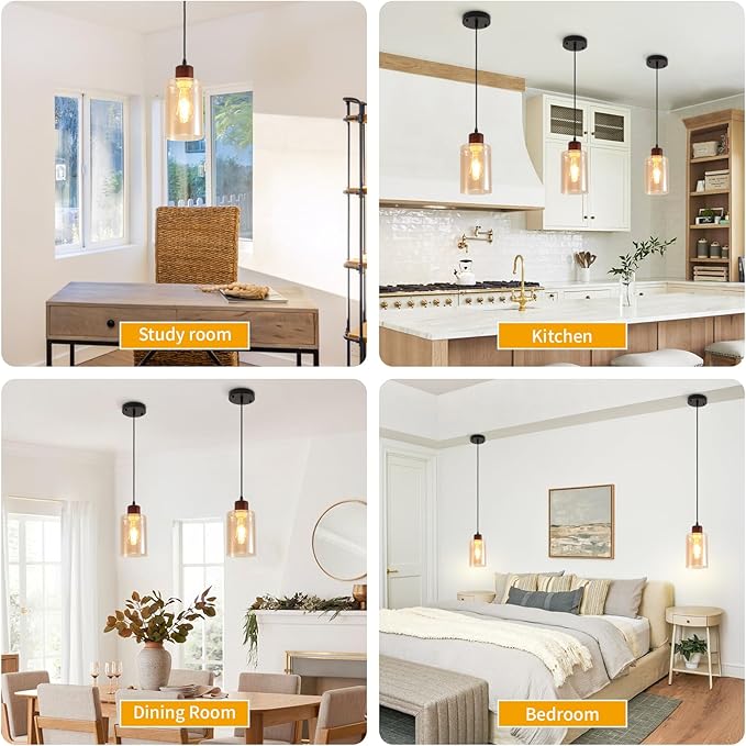 Modern Wood Pendant Lighting for Kitchen Island, Farmhouse Pendant Light Fixtures 2 Pack, Adjustable Hanging Ceiling Light with Amber Glass Shade