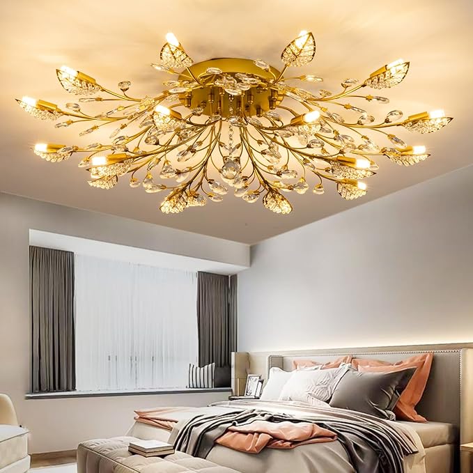 Crystal Ceiling Light Fixture,Semi Flush Mount Ceiling Lights,Chandelier Dining Room for Bedroom Living Room Dining Room Kitchen Hallway Foyer