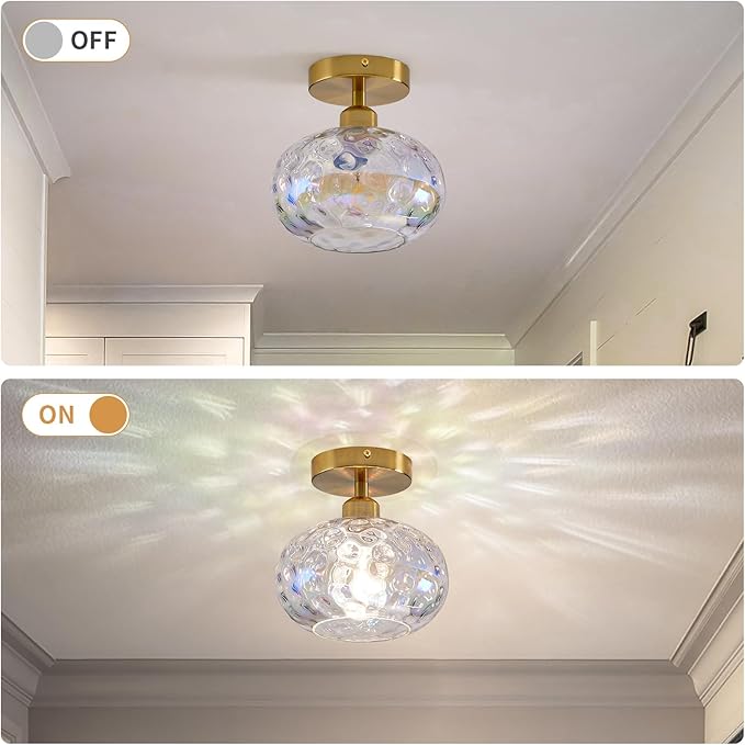 Vintage Glass Flush Mount Ceiling Light - 7.9 Inch Iridescent Hammered Glass Hallway Light fixtures Ceiling, Gold Semi Flush Mount Ceiling Light for entryway Foyer Laundry Room Kitchen