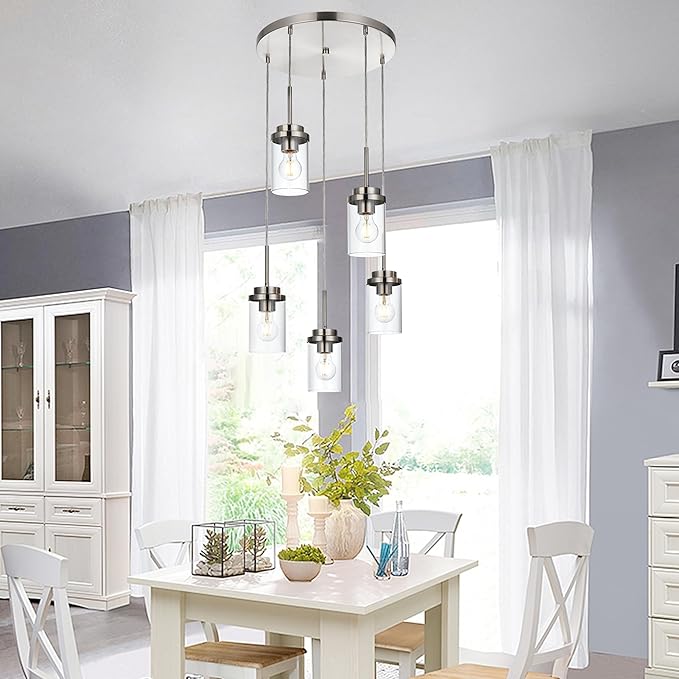 MELUCEE 5-Light Cluster Pendant Lights Stairwell Lighting Brushed Nickel Chandelier for Dining Room, Modern Kitchen Island Pendant Lighting Adjustable Hanging Ceiling Lamp with Clear Glass Shade