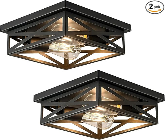 Farmhouse 2-Light Semi Flush Mount Ceiling Light Fixture, Modern Metal Cage Black Square Close to Ceiling Lamp, E26 Base Chandelier Ceiling Mount, Pendant Lighting for Hallway Kitchen, 2 Pack
