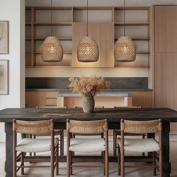 9.8" Boho Rattan Chandelier Light Fixture, 1-Light Hand Woven Wicker Small Pendant Lights Kitchen Island Farmhouse Rustic Hanging Lamp for Dining Room, Bedroom, Living Room, Entryway, Foyer