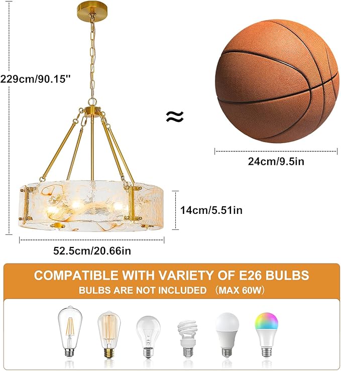 WILON Chandeliers for Dining Room, Modern Glass Pendant Light Fixtures,6-Light Foyer Kitchen Lighting Fixtures Textured Hanging Lights for Bedroom, Bathroom, Laundry Room, Entryway, Hallway (Gold)