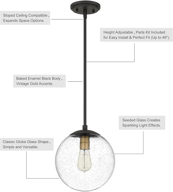 Tawson Globe Pendant Lighting, Black and Gold Pendant Light for Kitchen Island, 9.5 inch Seeded Globe Glass Shade for Kitchen, Hallway, Entryway, Dining Room, Bedroom, Living Room