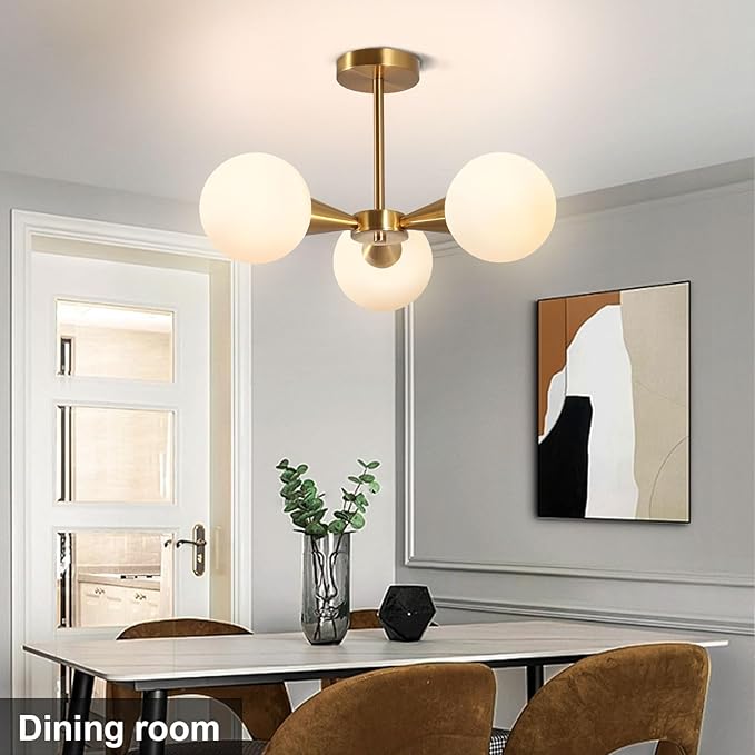 Betkas 3-Lights Semi Flush Mount Ceiling Light Fixture Brushed Gold Light Fixture Straight Bar Modeling with Milk Glass Globe for Bedroom,Living Room, Dinning Room Foyer Hallway