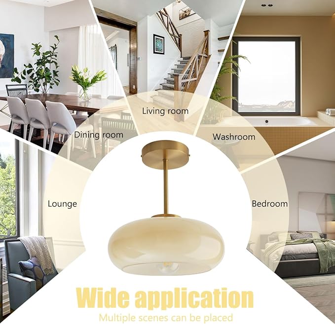 Mid Century Ceiling Light Fixtures Milk Glass Ceiling Lights Round Milk Yellow Shade Gold Brass Semi Flush Mount Ceiling Light Globe Glass Ceiling Lamp for Hallway Dining Room Kitchen