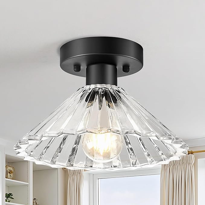 Modern Round Glass Ceiling Light, Mid-Century Lighting Fixtures, Black Semi Flush Mount Ceiling Light for Hallway, Kitchen, Laundry Room, Bathroom, Entryway, 9.7 in
