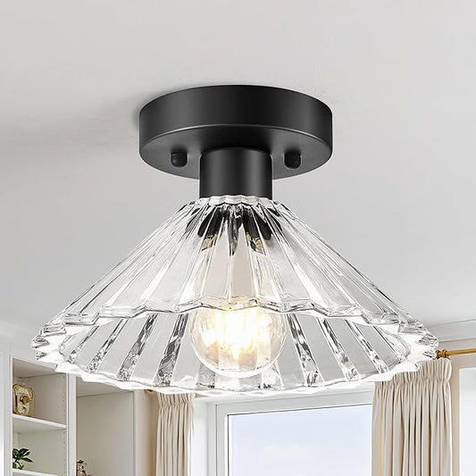 Modern Round Glass Ceiling Light, Mid-Century Lighting Fixtures, Black Semi Flush Mount Ceiling Light for Hallway, Kitchen, Laundry Room, Bathroom, Entryway, 9.7 in