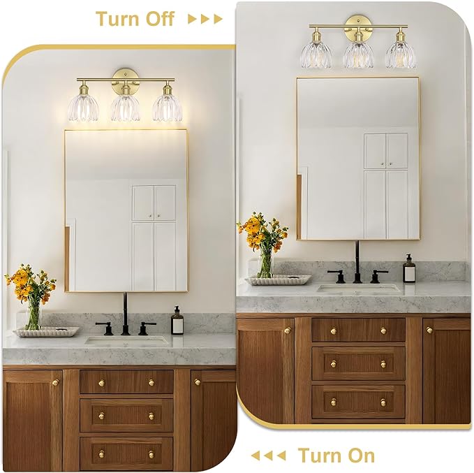 Vintage Bathroom Light Fixtures,3-Light Hardwired Vanity Lights with Clear Tulip Glass Shade,Gold Bathroom Vanity Light for Mirror Restroom,E26 Socket,18.5 in(Bulbs Not Included)