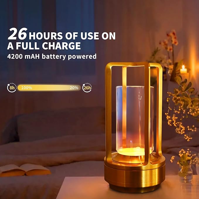 Crystal Lantern lamp with Touch Dimming, Rechargeable LED Table Lamp, 3-Color Adjustable Brightness, 4200mAh Battery Powered Desk Light for Bedroom, Restaurant, Outdoor