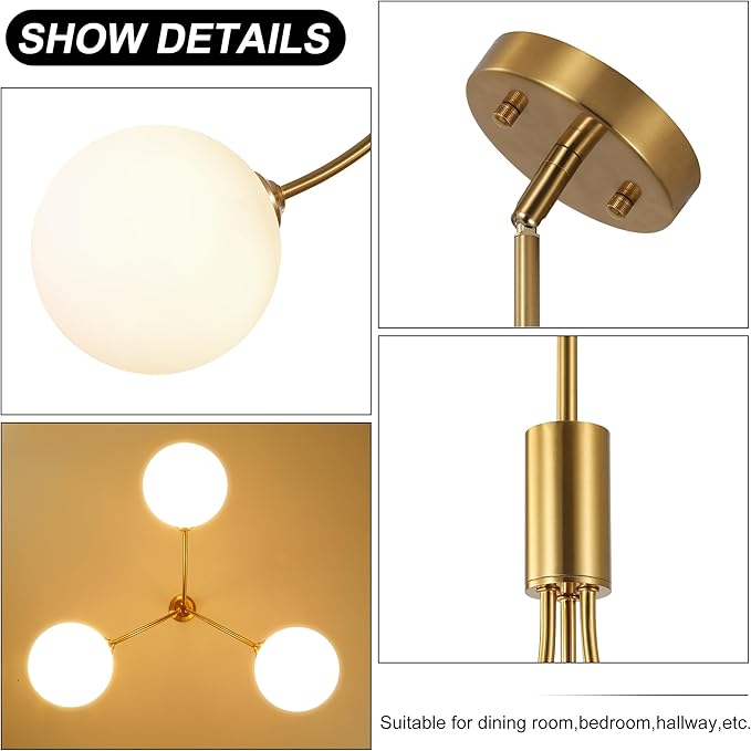 CNRATYE 3-Light Modern Farmhouse Gold Chandeliers for Dining Room, Mid Century Pendant Lights Kitchen Island, Globe Sputnik Chandelier for Entryway Living Room Bedroom Office Bathroom
