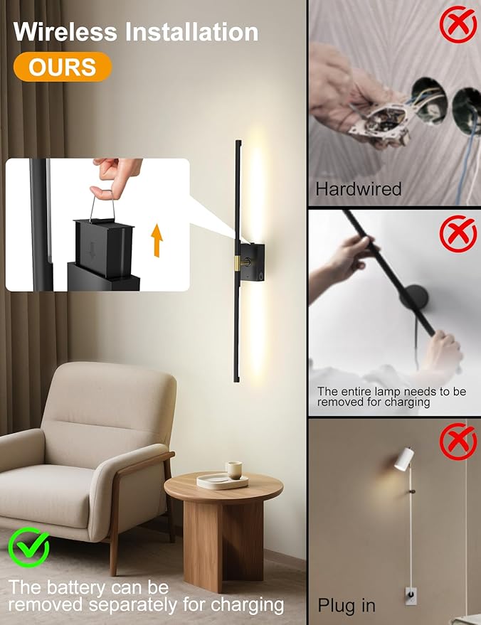 Battery Operated Wall Sconces Set of 2: 10000mAh Rechargeable Wall Lights, Easy Install 360° Rotate 3000K-6000K LED Wireless Wall Light Decor for Bedroom Living Room Hallway Picture Lighting Gallery