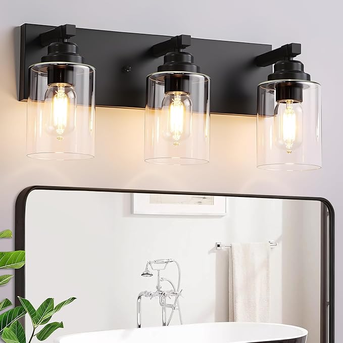 Black Bathroom Light Fixture, 3 Light Matte Black Vanity Light, 18.8" Modern Farmhouse Bathroom Lighting Fixtures Over Mirror, with Clear Glass Shade, Vanity Lights for Bathroom, Bedroom, Hallway