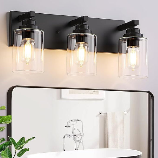Black Bathroom Light Fixture, 3 Light Matte Black Vanity Light, 18.8" Modern Farmhouse Bathroom Lighting Fixtures Over Mirror, with Clear Glass Shade, Vanity Lights for Bathroom, Bedroom, Hallway