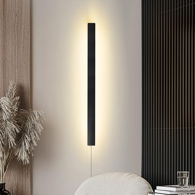 KELUOLY Modern Plug in Long Wall Sconce, 39" Black Matte LED Wall Lights, 20W Warm White 3000K Acrylic Indoor Wall lamp, with 59" Plug Cable for Bedroom, Living Room, Hallway