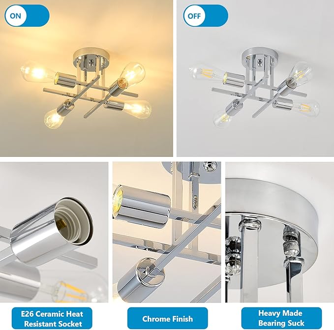 EGM Chrome Semi Flush Mount Ceiling Lights, 4-Light Modern Kitchen Ceiling Light Fixture with E26 Bulb Base, Industrial Sputnik Chandelier for Dining Room Foyer Bedroom Office (1 Pack)