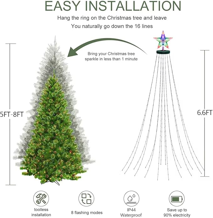 410LED Christmas Tree Lights with Star Topper, Christmas String Lights with Ring for Tree, 6.6FT x 16 Lines Fairy Twinkle Lights 8 Modes Timer Remote for Indoor Outdoor Xmas Tree Decor, Multicolor