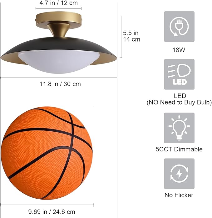 Dimmable Mid Century Modern Flush Mount Ceiling Light, Small LED Ceiling Light 5CCT 11.8in Black and Gold Kitchen Light Fxitures with Acrylic Shade for Hallway Entryway Bedroom Kitchen Laundry Room