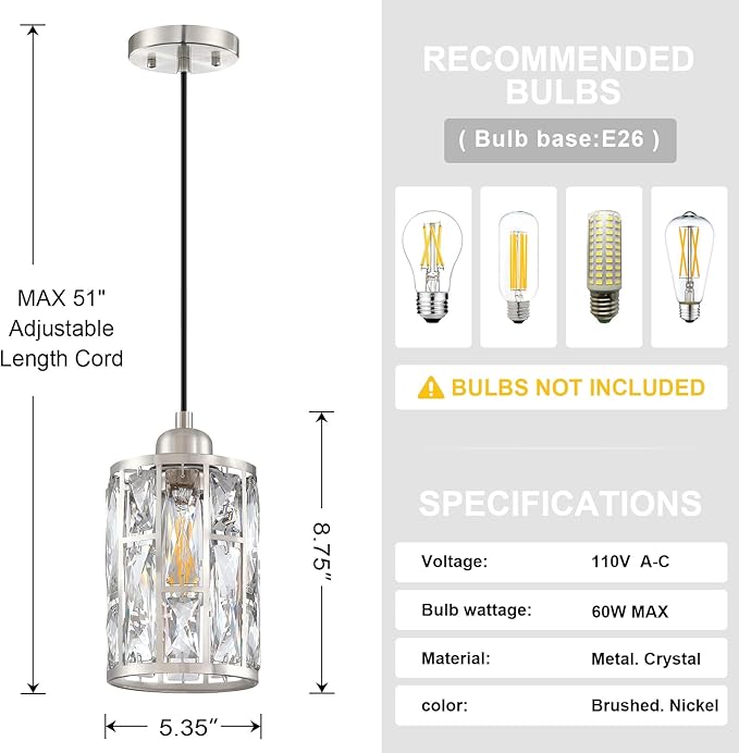 2 Pack 1 Light 5.4" Crystal Shade Hanging Kitchen Island Pendant Light Brushed Nickel Finish,Modern Pendant Fixture with Crystal Metal Shade for Bar,Dining Room,Living Room Over Sink