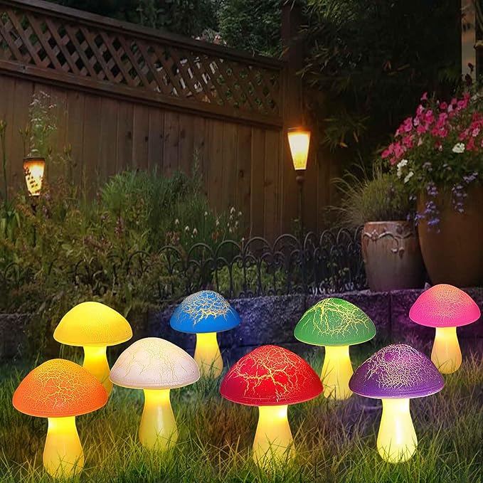 8-Pack Cracked Mushrooms for Garden Decor, Solar Mushroom Lights Outdoor, Super Cute Whimsical Garden Art for Yard Decor Gnome Flowerbed Housewarming Decor(Multicolored)