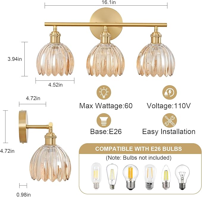 Gold Bathroom Light Fixtures Over Mirror, 3 Light Bathroom Vanity Light Fixture with Tulip Amber Glass Lampshade, Vintage Vanity Lights for Bathroom, Bathroom Vanity Lights Over Mirror