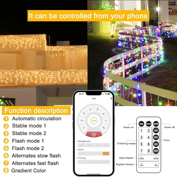 Christmas String Lights Outdoor, App and Remote Control, Warm White to Multicolor 49ft with 640 LEDs Waterproof for Outside Yard Patio Eave Decorations