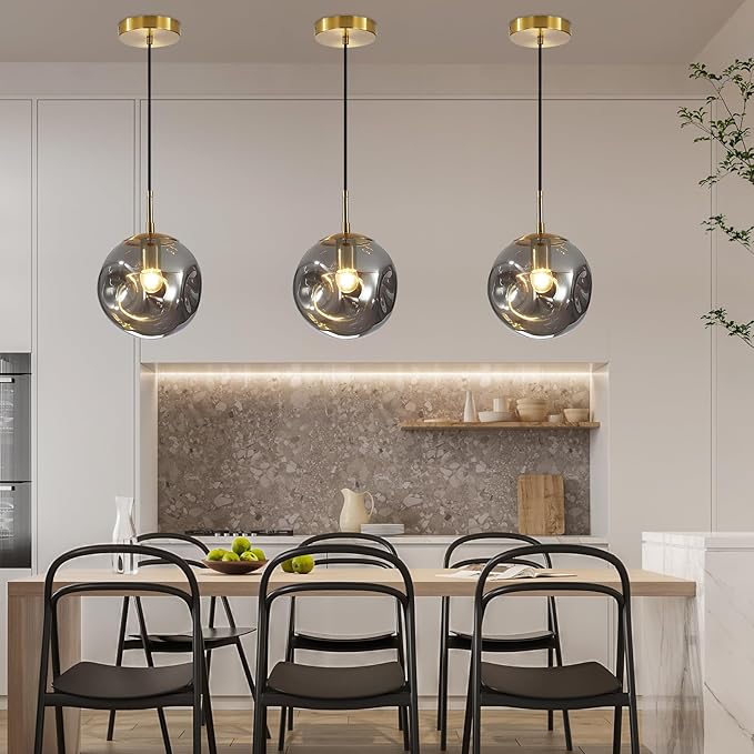 Modern Smoke Gray Concave Glass Pendant Light, 3-Pack Kitchen Island Lighting Single Globe Pendant Light Fixtures Century Kitchen Island Pendant Light for Bedroom Dining Room Light (Without Bulbs)