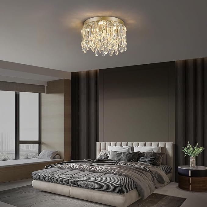 Deckrico 11.8" Gold Crystal Flush Mount Ceiling Light Fixture, Modern Close to Ceiling Chandelier with Tri-Color LED Lighting for Bedroom Hallway Dining Room